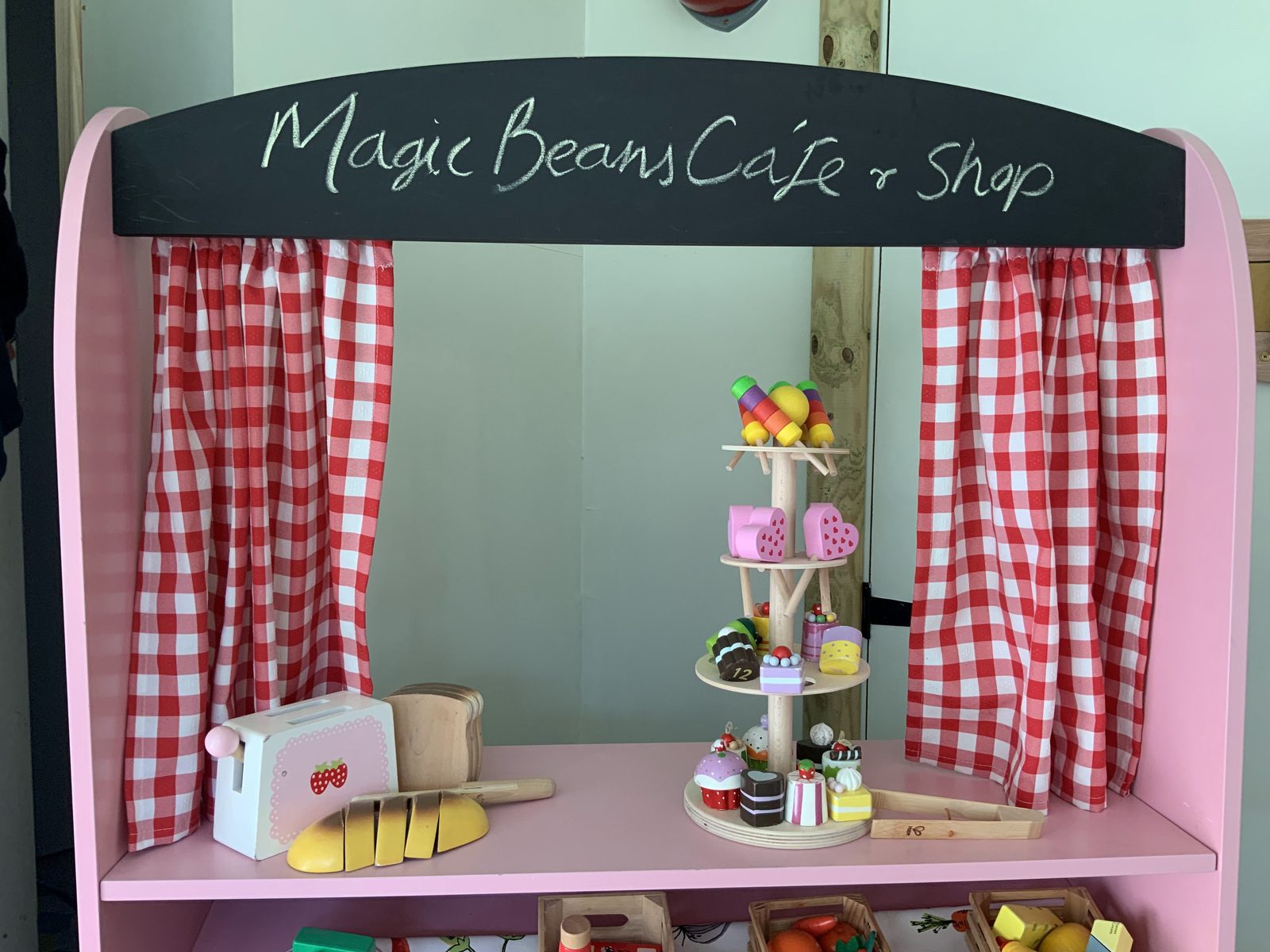 The Magic Beans Cafe and Shop role play stall with wooden play food